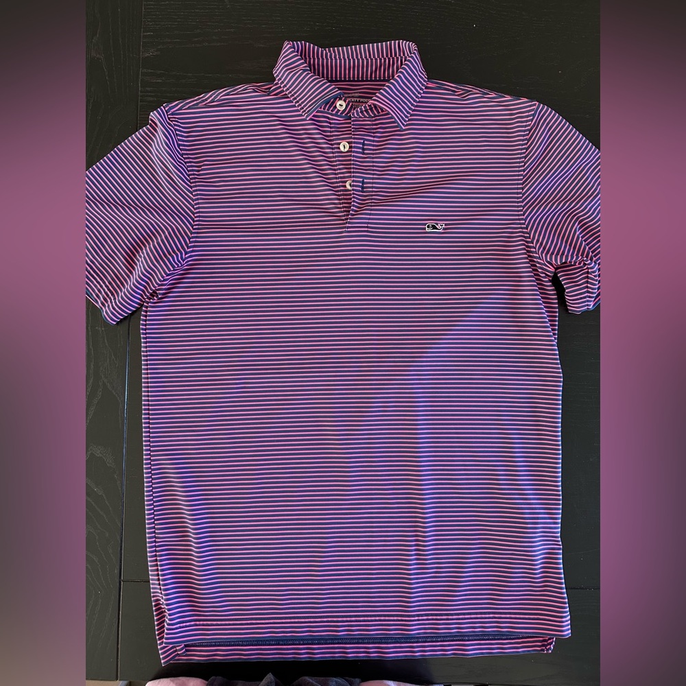 Vineyard Vines Men's Striped blue and pink stripe On The Go Sankaty Polo Shirt